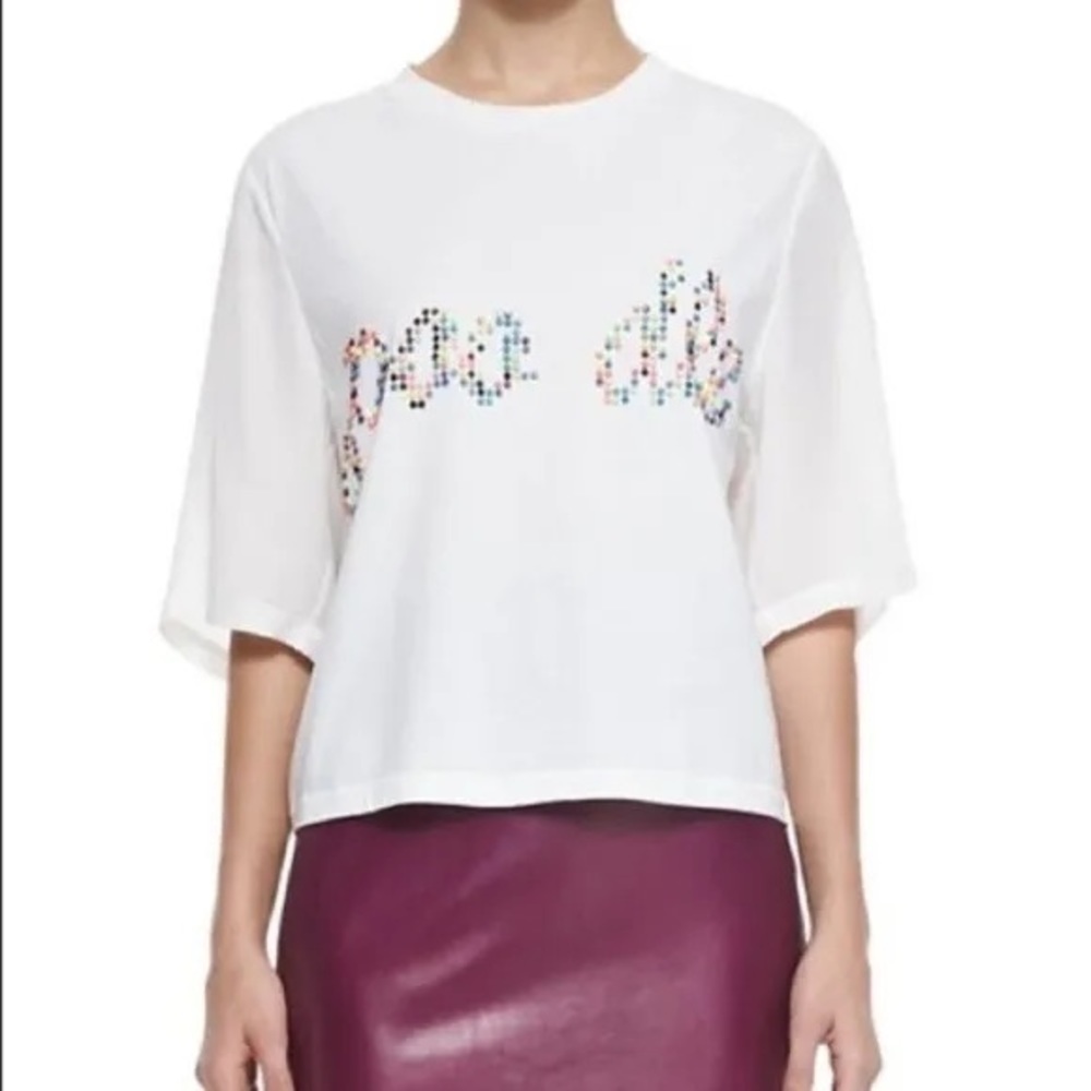 3.1 Phillip Lim Bead Studded Poodle Short Sleeve Tee White Cotton Silk Sz S